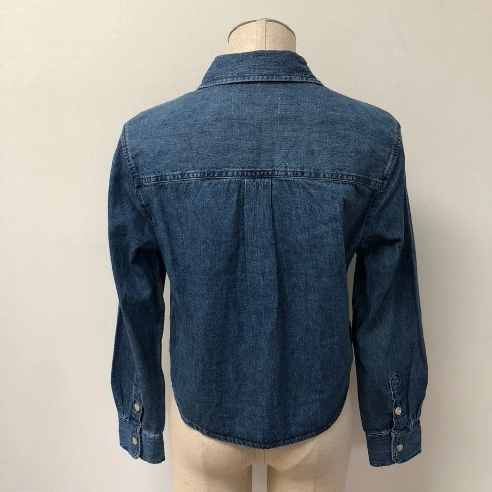 Denim Forum Button Down Shirt Womens XS Blue Cotton Hemp Cropped Long Sleeve - Picture 7 of 11